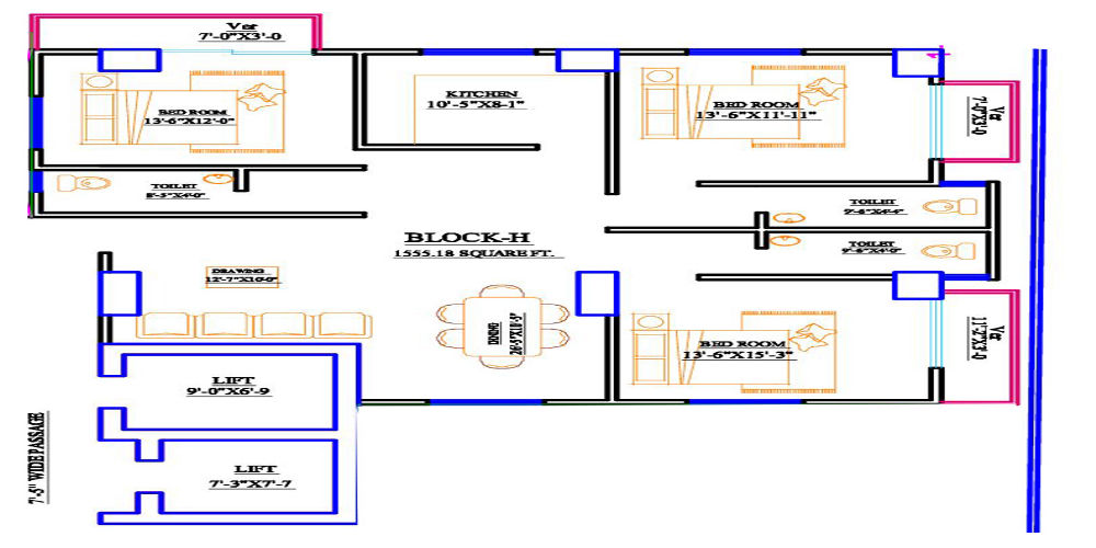 3 Bed 9th Floor Block H 1390 SFT